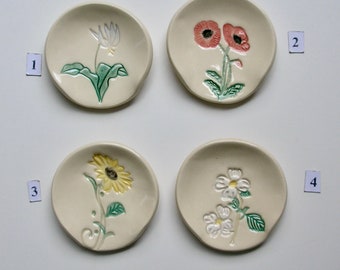 Your Choice of Ceramic Tea Bag Holder/Spoon rest Dish, Mamezara, Hand Built Hand Painted Asian fawnlily, Poppy flower, Sunflower. Dogwood
