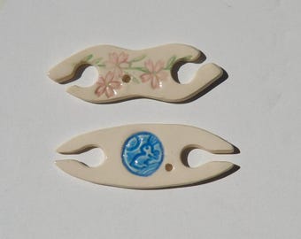 Set of Two Ceramic Tatting Shuttles,Bunny and Sakura were Handmade and Hand Painted by me using food safe glaze