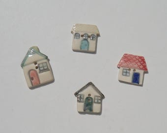 Four Ceramis Buttons,  House Buttons, Handmade and Hand Painted