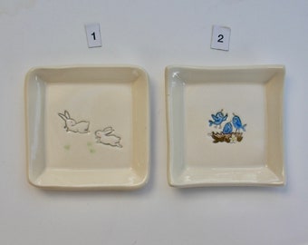 Ceramic Square Plate/Coaster, Your Choice of Handmade and Hand Painted Blue Birds or  Bunny, Food Safe Glaze, Free Shipping