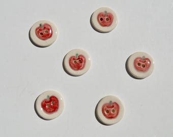 Six Ceramic Buttons, Apple Buttons, Handmade and Hand Painted