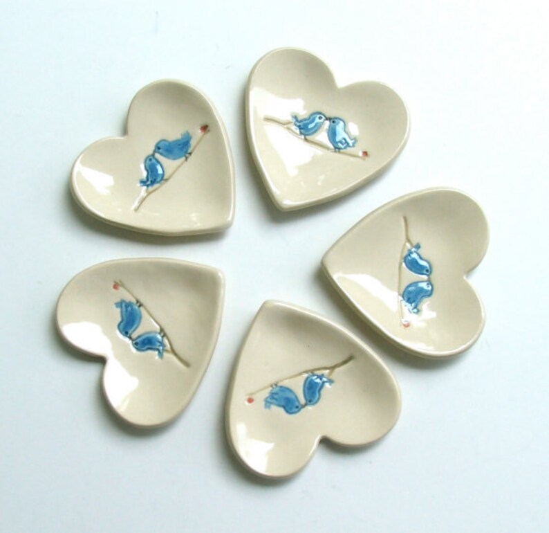 Your Choice of Ceramic Heart Ring Dish, wedding favor, Jewelry Dish/Teabag Holder, Hand Built Hand Painted, Blue Love Birds, Free Shipping image 7