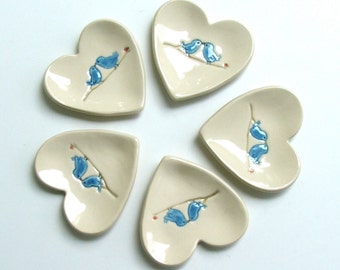 Set of Five Ceramic Ring Dish, Heart Dish, wedding favors Bridal Shower, bridesmaid gift, Handmade Hand Painted,Blue Love Birds