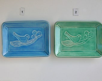 Ceramic Rectangle Plate, Your Choice, Bird on Tree, Hand Built and Food Safe