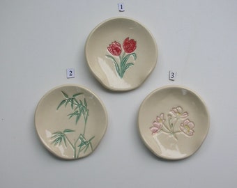 Your Choice of Ceramic Spoon rest Dish, Mamezara, Hand Built Hand Painted Tulip, Sakura and Bumboo, Free Shipping