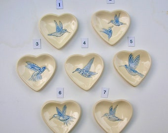 Your Choice of One Ceramic Heart Ring Dish from These Seven Dishes,Ring/Teabag holder, Hand Built Hand Painted, Hummingbird, Free Shipping