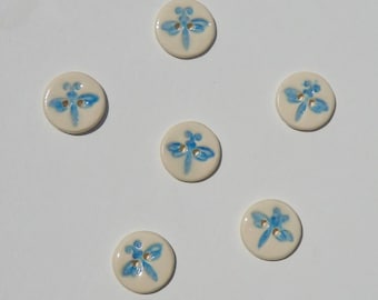 Six Ceramic Buttons, Dragonfly Buttons, Handmade and Hand Painted