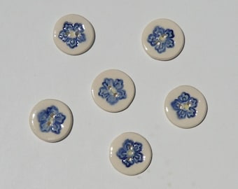 Six Ceramic Art Buttons 1", Handmade and Hand Painted Star Shaped Flower, Food Safe Glaze