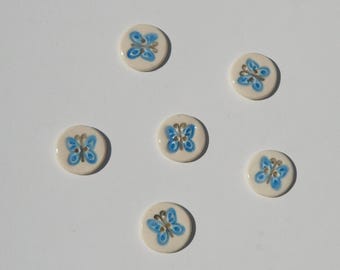 Six Porcelain Buttons 7/8",  Blue Butterfly Buttons, Handmade and Hand Painted