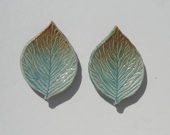 Set of Two Ceramic Mini Leaf Plate, Jewelry Holder/Teabag Holder/Spoon Rest, Robin Egg Blue With Kaki