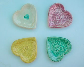 Set of Four Mini Ceramic Heart Plates, Heart in Heart, Hand Built and Hand Painted