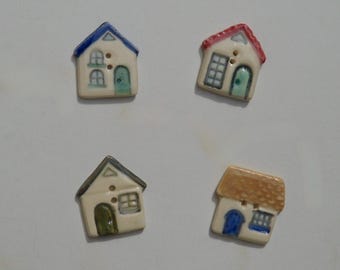 Four Ceramis Buttons,  House Buttons, Handmade and Hand Painted