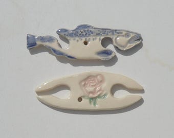 Set of Two Ceramic Tatting Shuttles,Rose and Salmon were Handmade and Hand Painted by me using food safe glaze