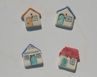 Four Ceramis Buttons,  House Buttons, Handmade and Hand Painted