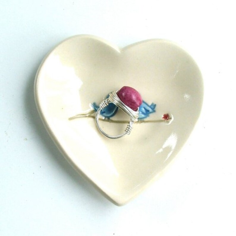 Your Choice of Ceramic Heart Ring Dish, wedding favor, Jewelry Dish/Teabag Holder, Hand Built Hand Painted, Blue Love Birds, Free Shipping image 5