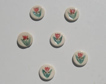 Six Ceramic Buttons, Tulip Buttons, Handmade and Hand Painted