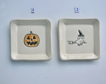 Ceramic Square Plate/Coaster, Your Choice of Handmade and Hand Painted Jack-o'-lantern and Whitch, Free Shipping