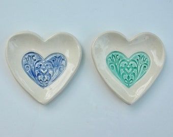 Set of Two Ceramic Heart Dishes, Jewelry /Tea bag Holder, Hand Built Hand Painted, Free Shipping