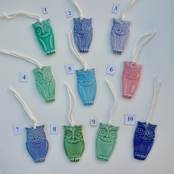 Any Three Your Choice, Ceramic Owl Ornament /gift tags,  Handmade and Hand painted