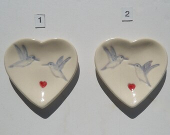 Your Choice of Ceramic Heart Ring Dish, Humming Bird, Jewelry Dish/Teabag Holder, Hand Built Hand Painted, Food Safe Glaze