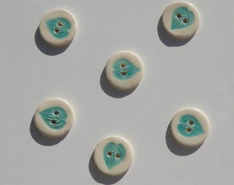 Set of Six Porcelain Buttons, Handmade and Hand painted  Green Lesf