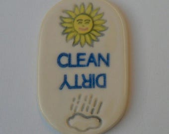 Ceramic Dishwasher Magnet, Clean, Dirty, Sun and Rain, Handmade and Hand Painted