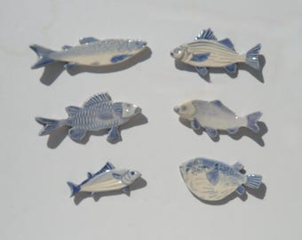 Six Large Ceramic knife / Chopstick /Spoon/Pen Rests,  Six Fish Variety, Handmade and Hand Painted