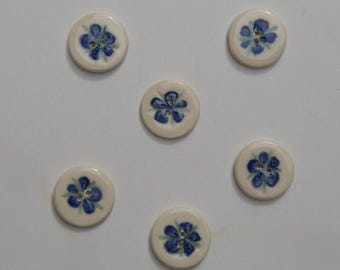 Set of Six ceramic Buttons, Handmade and Hand painted  Blue Blossom