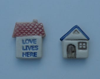 Set of Two Ceramis Fridge magnet,  House Handmade and Hand Painted