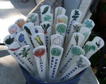 Your Choice of Quantity of 2 to 30 Ceramic Plant Markers,Handmade and Hand painted Vegetables and Herbs, Ready to Ship, Free Shipping