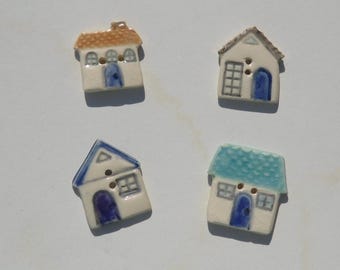 Ceramis Buttons, Set of Four, House Buttons, Handmade and Hand Painted