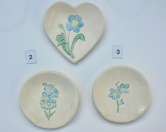 Your Choice of Ceramic Tea bag /Spoon rest Dish, Hand Built Hand Painted Forget-Me-Not, Free Shipping