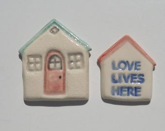 Set of Two Magnets, Ceramic Refrigerator Magnets, Handmade, Hand Painted Miniature House, Food Safe Glaze