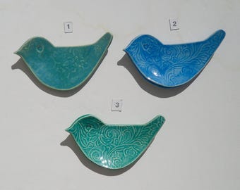 Ceramic Bird Shape Plate, Jewelry Dish, Your Choice of Handmade and Hand Painted Variety of Birds, Food Safe