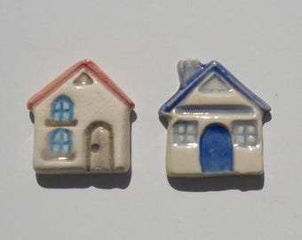 Set of Two Magnets, Ceramic Refrigerator Magnets, Handmade, Hand Painted Miniature House, Food Safe Glaze