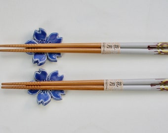 Set of Two Ceramic ChopStick/ Pen Rests with chopsticks, Spoon/Brush Rests, Hand Made Chopstick rests, Blue sakura, Free Shipping