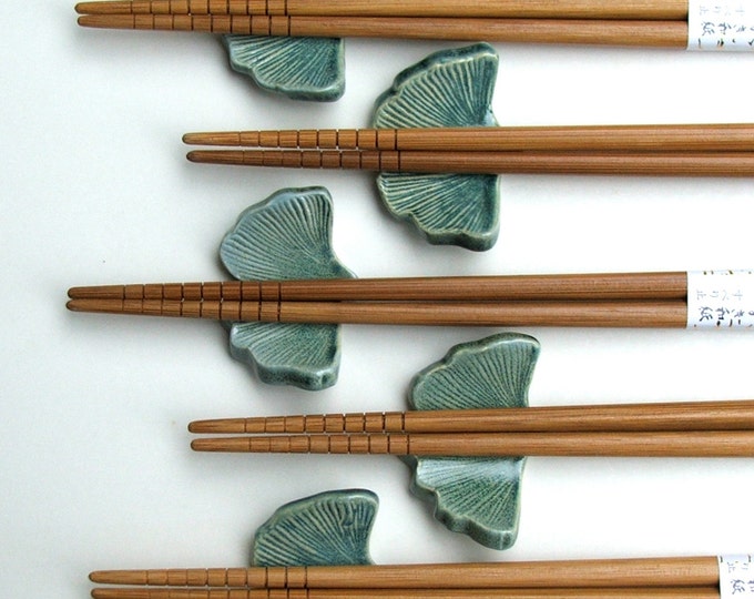 Handmade Ceramic Chopstick Rests, With Chopsticks. Set of Five, Ginkgo