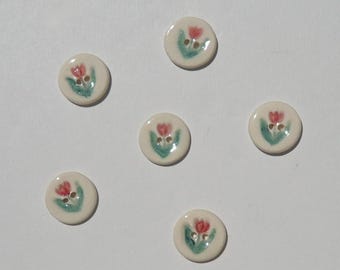 Six Ceramic Buttons 7/8", Tulip Buttons, Handmade and Hand Painted