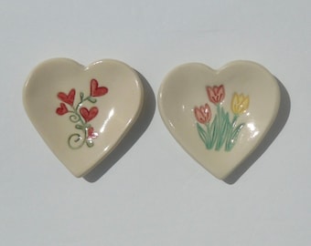 Set of Two Mini Ceramic Heart  Plates, Ring Holder, Hand Built Hand Painted Red Hearts and Turips,  Food Safe Glaze