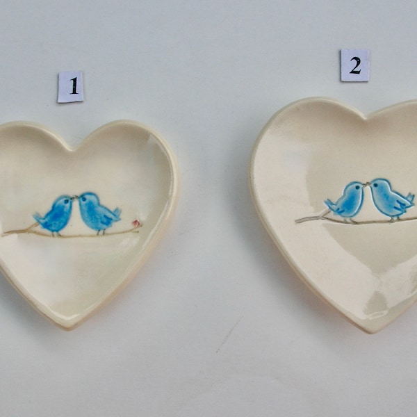 Your Choice of Ceramic Heart Ring Dish, wedding favor, Jewelry Dish/Teabag Holder, Hand Built Hand Painted, Blue Love Birds, Free Shipping