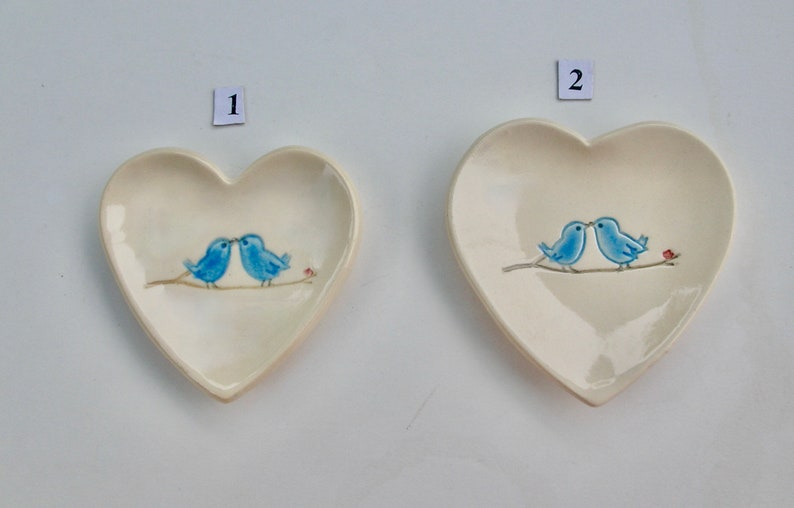 Your Choice of Ceramic Heart Ring Dish, wedding favor, Jewelry Dish/Teabag Holder, Hand Built Hand Painted, Blue Love Birds, Free Shipping image 1