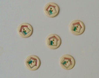 Set of Six Ceramic Buttons, House Buttons, Handmade and Hand Painted