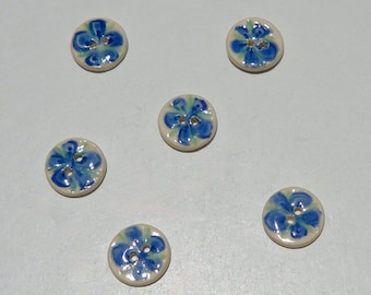 Set of Six Mini ceramic Buttons, Handmade and Hand painted  Blue Blossom