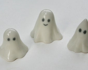 Set of Three Ceramic Mini Ghosts, Halloween decor, Handmade and Hand Painted