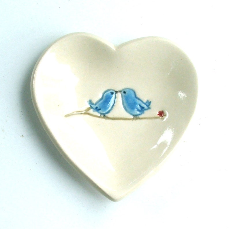 Your Choice of Ceramic Heart Ring Dish, wedding favor, Jewelry Dish/Teabag Holder, Hand Built Hand Painted, Blue Love Birds, Free Shipping image 4