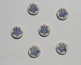 Six Porcelain Buttons, 7/8" Handmade and Hand Painted Paulownia