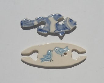 Set of Two Ceramic Tatting Shuttles, Blue Love Birds and Clownfish were Handmade and Hand Painted by me using food safe glaze