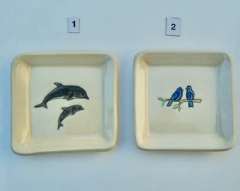 Ceramic Square Plate/Coaster, Spoon rest, Your Choice of Mama and Baby Dolphin or Blue Birds,  Handmade and Hand Painted