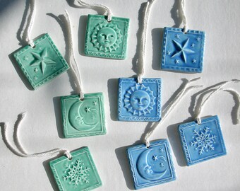 Set of Four, Ceramic Ornaments,Your Choice of Blue or Green, Food Safe