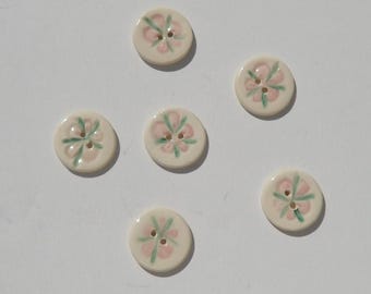 Ceramic Art Buttons, Set of Six Handmade and Hand painted  Pink Blossom